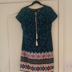 Teal Printed Mini Mosaic Bohemian Dress with Tassel Tie